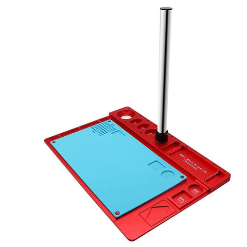 Naturally Rock Solid Microscope Stand With Tight Grip Stainless Steel Bracket And Beefy Aluminum Alloy Phone Repair Workpad Black Pro Level Tech Rig Platform with blue mat and red base.
