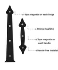Magnetic Garage Door Faux Hardware Kit showing black hinge and handle with magnets, premium ABS, no drilling needed.