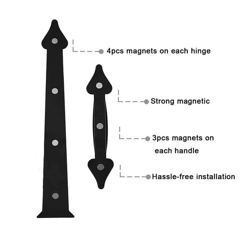 Magnetic Garage Door Faux Hardware Kit showing black hinge and handle with magnets, premium ABS, no drilling needed.