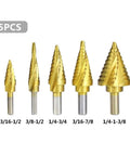 Dang Tough Heavy Duty Titanium Coated HSS Step Drill Bit Set With Triangular Shank For Smooth Wood And Metal Cutting Versatile Pro Shop Grade 5 Piece Kit, showing five titanium coated bits in various sizes.