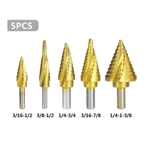 Dang Tough Heavy Duty Titanium Coated HSS Step Drill Bit Set With Triangular Shank For Smooth Wood And Metal Cutting Versatile Pro Shop Grade 5 Piece Kit, showing five titanium coated bits in various sizes.
