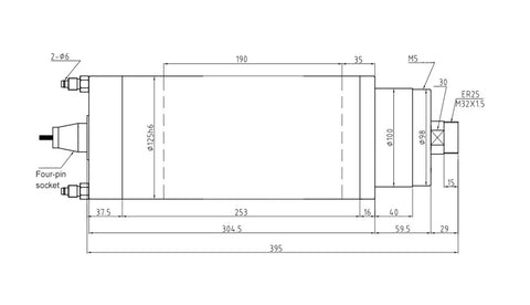 Technical diagram of Water Cooled Spindle Motor 7.5kW CNC Spindle 220V 380V ER25 D125mm Constant Torque Metalworking Spindle For CNC Machines