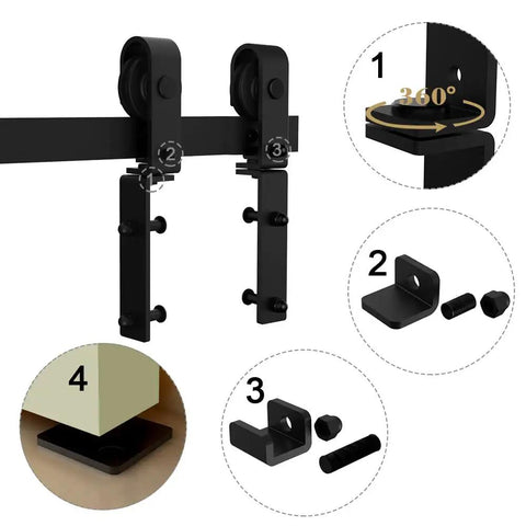 Bi Folding Sliding Barn Door Hardware Kit For Two Doors, space saver with quiet glide rollers, shown in close-up components view