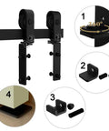 Bi Folding Sliding Barn Door Hardware Kit For Two Doors, Easy Install J Shape Rollers and Black Rails Detail