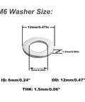 M6 Washer Size with dimensions: 12mm OD, 6mm ID, 1.5mm Thick. 40-Pack M6 Stainless Steel Flat Washers for Screws - Grade 304 Stainless Steel.