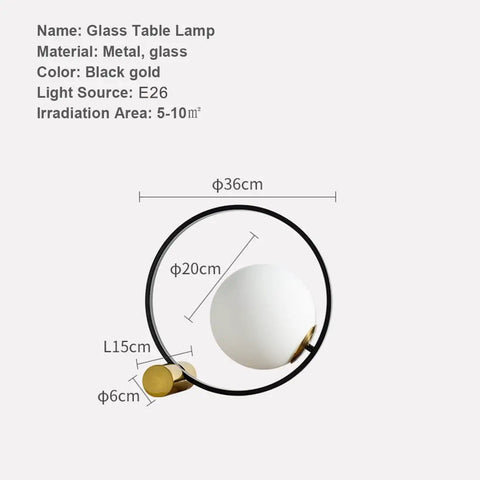 Mid Century Modern Glass Globe Desk Lamp With Gold Ring, Plug In Nightstand Reading Light For Bedroom And Office, Frosted Globe Shade