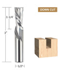 Top Shelf Killer 2 Pack Downcut Spiral Router Bits 1/2 Inch Shank Solid Carbide Woodworking Tool Set features 3 inch bit and wood cutout.