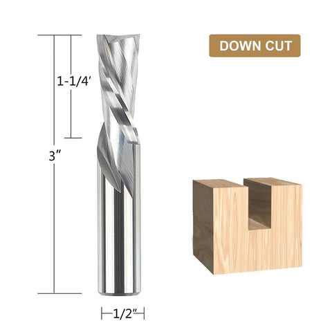 Top Shelf Killer 2 Pack Downcut Spiral Router Bits 1/2 Inch Shank Solid Carbide Woodworking Tool Set features 3 inch bit and wood cutout.
