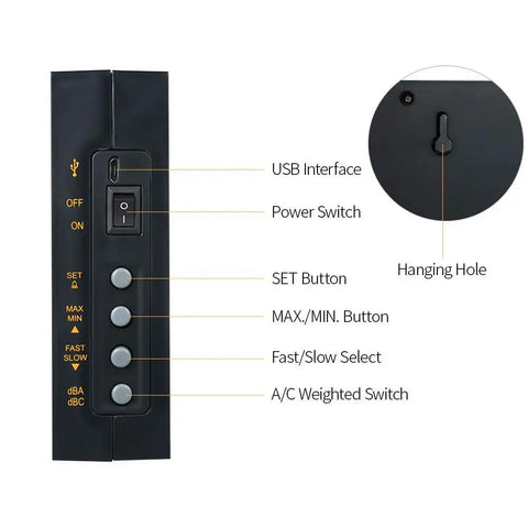 Side view of Sound Level Meter With Massive LCD Screen For Real Time Noise Monitoring, showing buttons and USB interface.