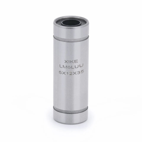 XIKE LM6LUU sealed linear ball bearing, 6x12x35 mm, silver metal, close-up view