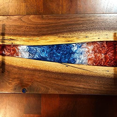 Wooden slab with colorful resin river, showcasing Slab Jig Router Sled for Woodworking, Level and Trim Wood Slabs Up To 64 Inches Wide.