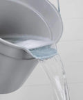 Heavy Duty 14 Quart Gray Round Pail For Pro Cleaning With Printed Measurement Lines And Solid Grip Bail pouring water.