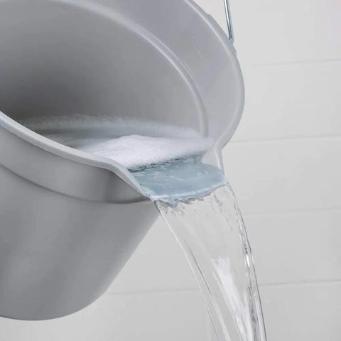 Heavy Duty 14 Quart Gray Round Pail For Pro Cleaning With Printed Measurement Lines And Solid Grip Bail pouring water.