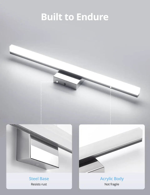 24 Inch Vanity Light Bar Over Mirror LED Daylight 6000K Chrome Bathroom Fixture For Makeup And Grooming, steel base and acrylic body