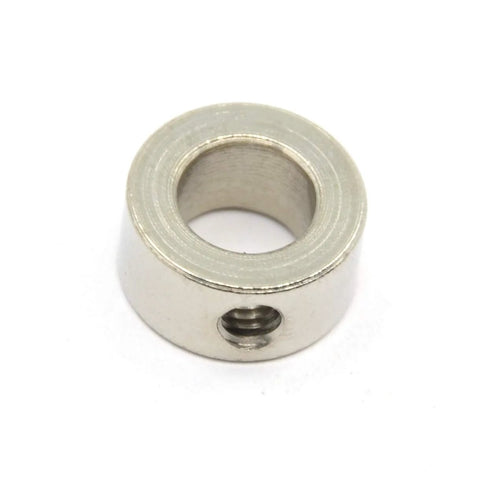 Close-up view of 8mm stainless steel shaft lock collar with set-screw hole.