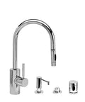 Contemporary Kitchen Faucet With Pull Down Sprayer And Standard Reach Spray Head Four Piece Sink Kit in shiny chrome finish.