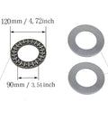 Shop Ready Heavy Duty Thrust Needle Roller Bearing Kit With Two Reinforced Chrome Steel Washers 90Mm ID 120Mm OD 4Mm Wide image detailing sizes and materials.