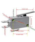 Six Pack Micro Limit Switch SPDT 1NO 1NC with Hinge Lever Snap Action, dimensions detailed, for Arduino DIY projects.