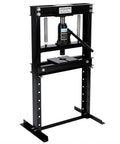 Badass 12 Ton Hydraulic Shop Press Heavy Duty H Frame Floor Press featuring a manual pump and adjustable 5 hole setup in black.