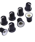 Black rotary knobs from the Ultimate Potentiometer Kit With 11 Values From 500 Ohm To 1 Meg Ohm, 3 pin, shown on white background.