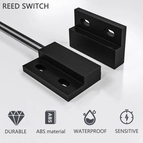 Wired Door Window Contact Sensor Two Pack Micro Normally Open Reed Switch For Alarm Systems, shown in black ABS material with icons
