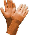 Pair of brown industrial rubber gloves with textured grip