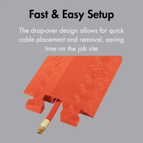 Rugged Drive Over Cable Protector For 1.25 Inch Lines With Heavy Duty 17k Axle Load Drop Over Ramp To Protect Cables And Hoses On Industrial Sites Orange Made In USA showing fast and easy setup with a cable visible