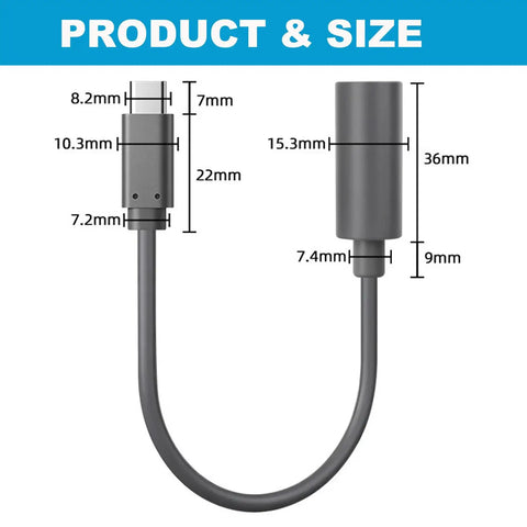 Heavy Duty USB C To DC Power Adapter Featuring 100W PD Fast Charge Waterproof Connector sizes and dimensions displayed clearly.