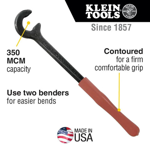 Heavy-Duty 12-Inch Cable Bender For 350 MCM Capacity Pro Grade Tool With Contoured Grip against white background, Made in USA.
