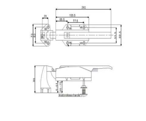 Technical drawing of Beefy Heavy Duty Industrial Freezer Door Handle Kit with precise measurements shown