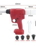 Heavy Duty Electric Blind Rivet Gun With Brushless Pure Copper Motor And Long Lasting Lithium Battery, 320mm long, red, with accessories.