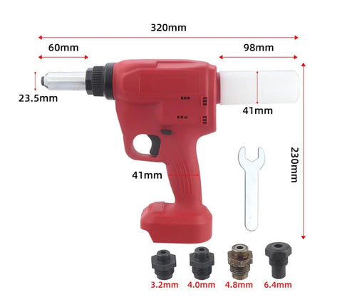 Heavy Duty Electric Blind Rivet Gun With Brushless Pure Copper Motor And Long Lasting Lithium Battery, 320mm long, red, with accessories.