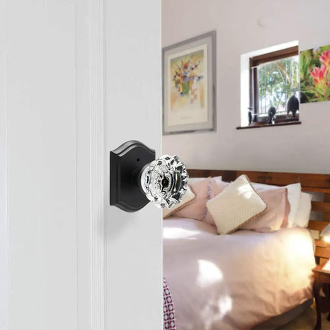 Matte Black Glass Door Knobs With Lock For Interior Doors, Privacy Crystal Knob Set For Bedroom And Bathroom on white door