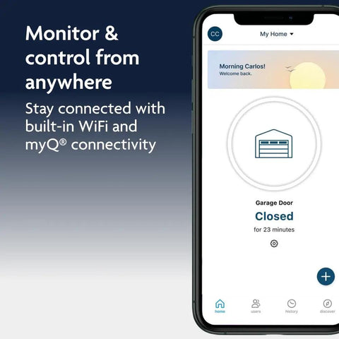 Smartphone displaying myQ app for Ultra Quiet Wall Mount Garage Door Opener With Battery Backup And MyQ Smart WiFi Control LED Lighting Space Saving Design No Fuss No Noise Operation For Homes With Attached Garages