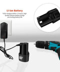 No Fuss Cordless Electric Drill And Screwdriver With 1.5Ah Lithium Battery charging with charger, showing battery and LED indicator.