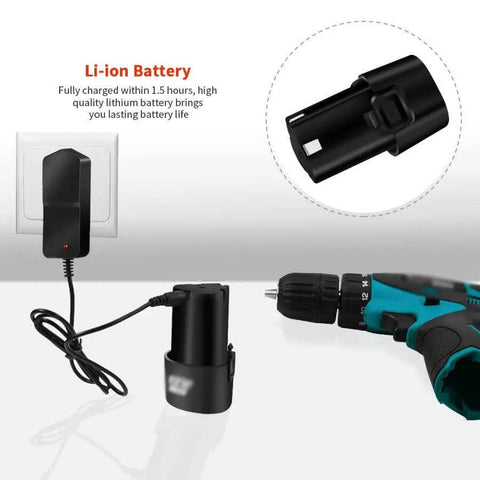 No Fuss Cordless Electric Drill And Screwdriver With 1.5Ah Lithium Battery charging with charger, showing battery and LED indicator.