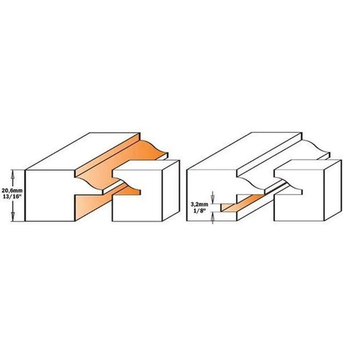 3-Piece Glass Panel Router Bit Set diagram showing ogee rail and stile bit and slot cutter in use