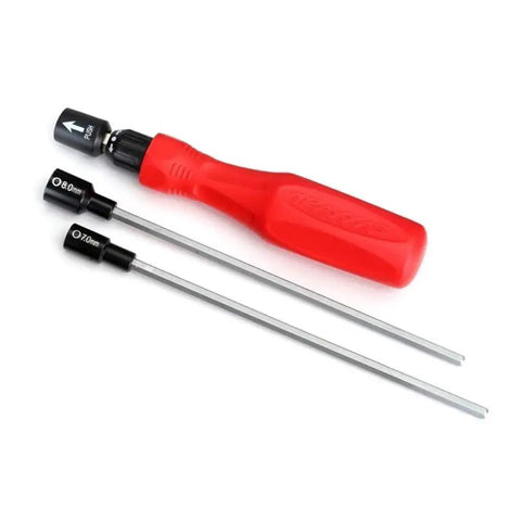 All In One RC Tool Kit With Pouch And Carry Case Including Hex Nut Drivers 1.5mm To 4mm, Six Hex Drivers, Five Nut Drivers, Wrench, Driver Handle, Philips And Flat Head Screwdrivers For RC Cars And Hobbyists On The Go. red driver handle with 7.0mm and 8.0mm hex shafts