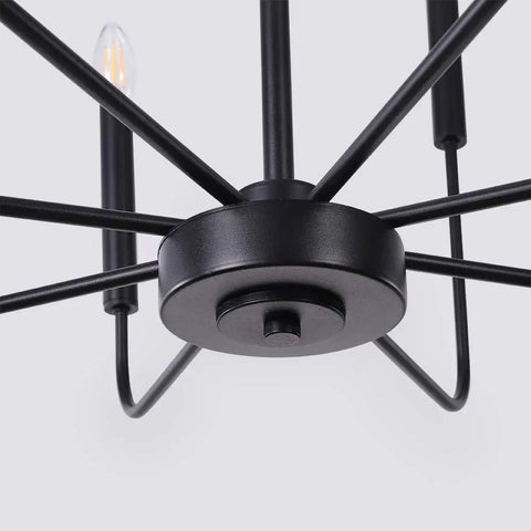 Close-up of Eight Light Modern Farmhouse Black Chandelier For Dining Room And Living Areas Matte Black Candle Style Ceiling Fixture