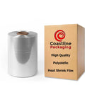 Tough As Nails 12 Inch Polyolefin Heat Shrink Wrap Roll 60 Gauge 4375 Feet Center Fold next to a cardboard box packaging.