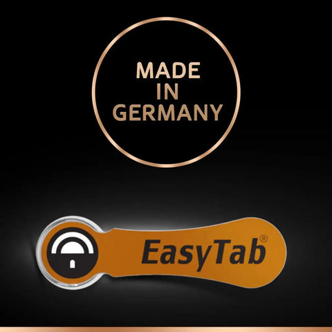 EasyTab for Zinc Air Hearing Aid Batteries Size 312 with made in Germany label, ensuring quality and reliability.