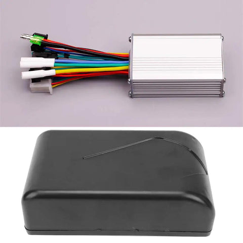 Killer Protection Electric Bike Controller Box With Hella Rugged Weatherproof Plastic Housing and Plug And Play Mounting Kit For DIY Motor Conversion Projects And Weekend Rider Upgrades, top view with wires