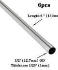 Stainless steel tube, angled side view: 1/2 in OD, 304 grade, 6 in length, 1/25 in wall, 6 pcs