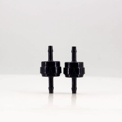 Front view of a pair of black PA66 automotive spring check valves