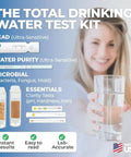 Image of Top Notch Drinking Water Test Kit showcasing ultra-sensitive tests for lead and microbial safety with user holding water.