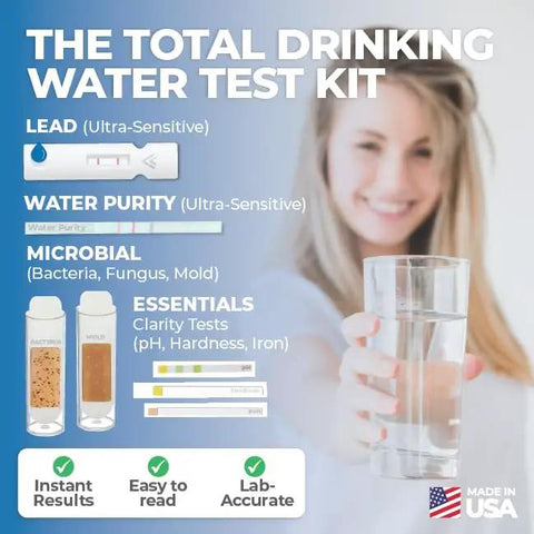 Image of Top Notch Drinking Water Test Kit showcasing ultra-sensitive tests for lead and microbial safety with user holding water.