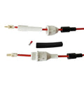 Badass High Voltage Protective Connector Heads With Rock Solid Metal Terminals And Heat Shrink Sheathing For Easy Plug And Play CO2 Laser Rig Upgrade Kit shown with red wires, metal connectors and heat shrink covers.