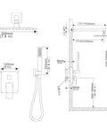 Technical diagram of Brushed Nickel Shower System With 8 Inch Square Rain Shower Head, Brass Handheld Shower and components.