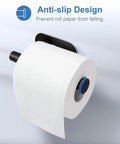 Adhesive Toilet Paper Holder No Drilling Stainless Steel Stick On Wall Mount For Bathroom And RV Matte Black Finish Rust Proof 304 Stainless Steel With Easy Install visible with anti-slip design holding a toilet paper roll in place.
