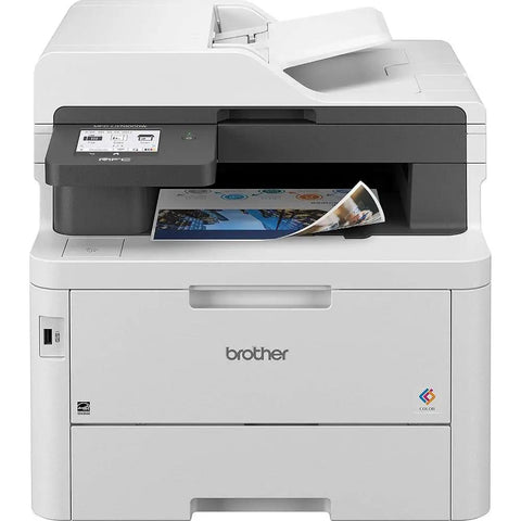 Top Tier Digital Color All In One Wireless Laser Printer Bundle Featuring Hella Smooth Copy Scan Fax Functions And Straight Up PC Driver Downloads Plus Six Foot Usb Cable For Your Office, front view showing output tray.
